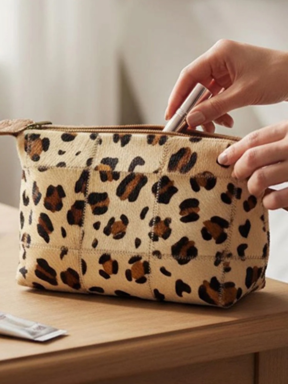 The Royal Standard Leopard Patterned Fur Calf Leather Pouch Cosmetic Travel Bag